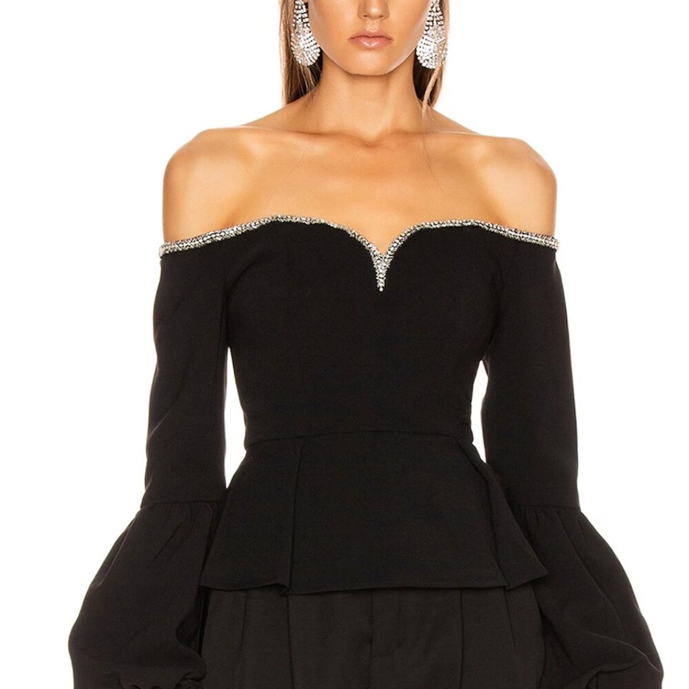 Self-Portrait Puff Sleeve Sequin Blouse Black S US 4 UK 8